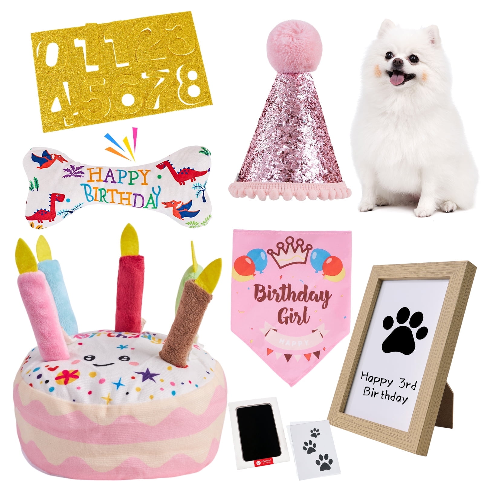 Easy Joy Dog Birthday Toy Set & Decorations for Dogs, Includes Squeaky Cake Toy, Plush Bones, Birthday Hats, Bandana, Paw Print Kit & Photo Frame. Dog Birthday Gift Supplies, Pink