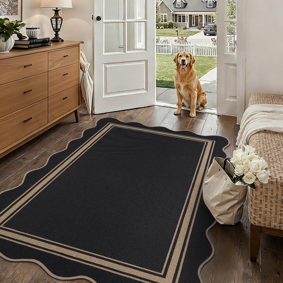 Scalloped Polyester 3x5 Outdoor Rug Non Slip Neutral Rectangular Black