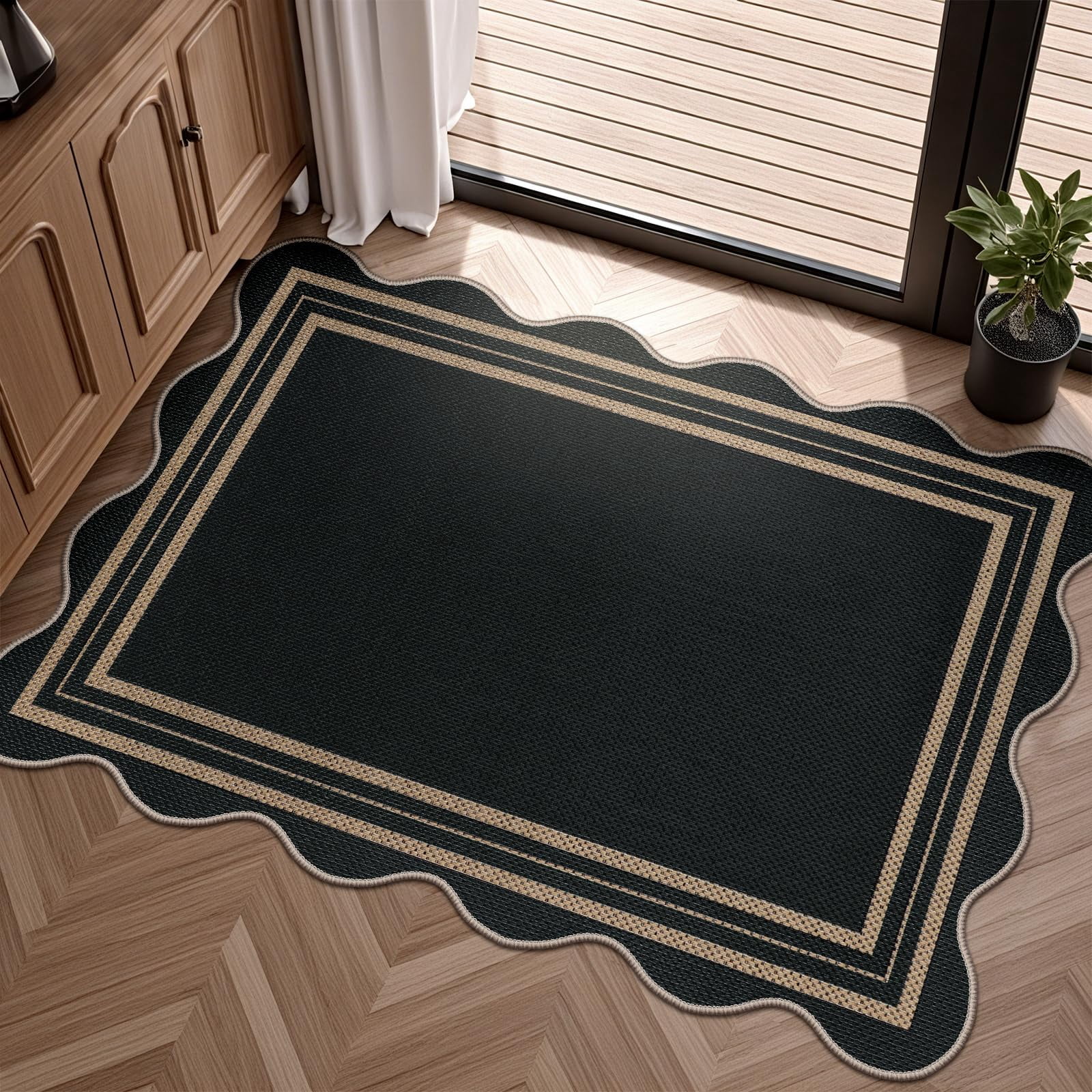 Easy Jute Black Kitchen Rug  2x3 Front Door Mat Washable Non Slip Small Entryway Indoor Outdoor Farmhouse Scalloped Doormat For Bathroom Doorway Porch