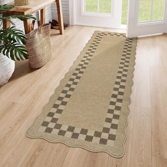 Easy Jute Checkered Runner Rug for Kitchen, Scalloped Washable 2x6 Tan Rugs for Entryway, Geometric Indoor Outdoor Non Slip Rug Farmhouse Carpet Door Mat Area Rug for Porch Bedroom Hallway