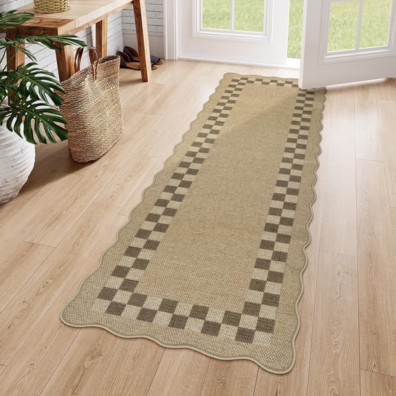 Easy Jute Checkered Runner Rug for Kitchen, Scalloped Washable 2x6 Tan Rugs for Entryway, Geometric Indoor Outdoor Non Slip Rug Farmhouse Morden Carpet Door Mat Area Rug for Hallway