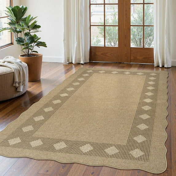 Easy Jute Diamond Rug for Living Room, Scalloped Washable 5x7 Tan Rug ...