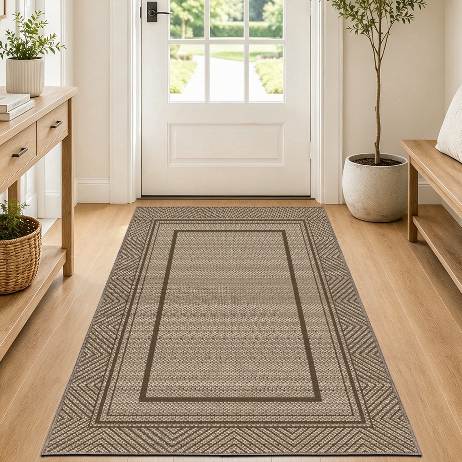 ORGOWEL Easy Jute Door Mat 3*5ft Washable Geometry Line Doormat Non-Slip Absorbent Indoor Outdoor Mat Stain Resistant Low Profile Floor Mat for Entryway Bedroom Patio,Brown