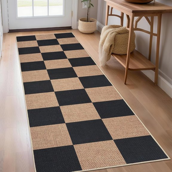 Easy Jute Rug Runner 2x6 Checkerboard Indoor Outdoor Carpet Runner, Non-Slip Contemporary Bedside Rug, Machine Washable Plaid Floor Cover for Hallway, Laundry, Backyard, Black Brown