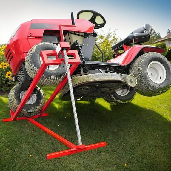 Easy Lawn Mower Lift for Riding Tractors, 800 lbs Capacity Lawn Tractor Lifter, 45° Adjustable Tilt, Universal Ride-on Mower Cleaner Aid, Red