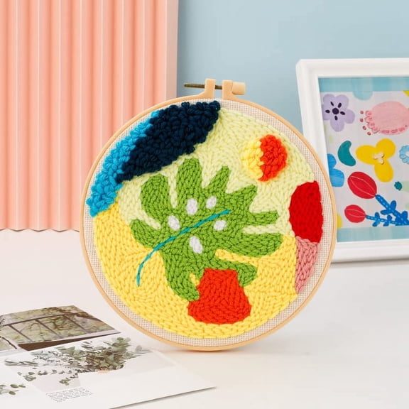 Easy Lea Plant Punch Needle Embroidery Starter Kits for Kids and Adults Beginners with Punch Needle Tool,Threader, Stamped Fabric Embroidery,Hoop, Yarn Rug Punch Needle