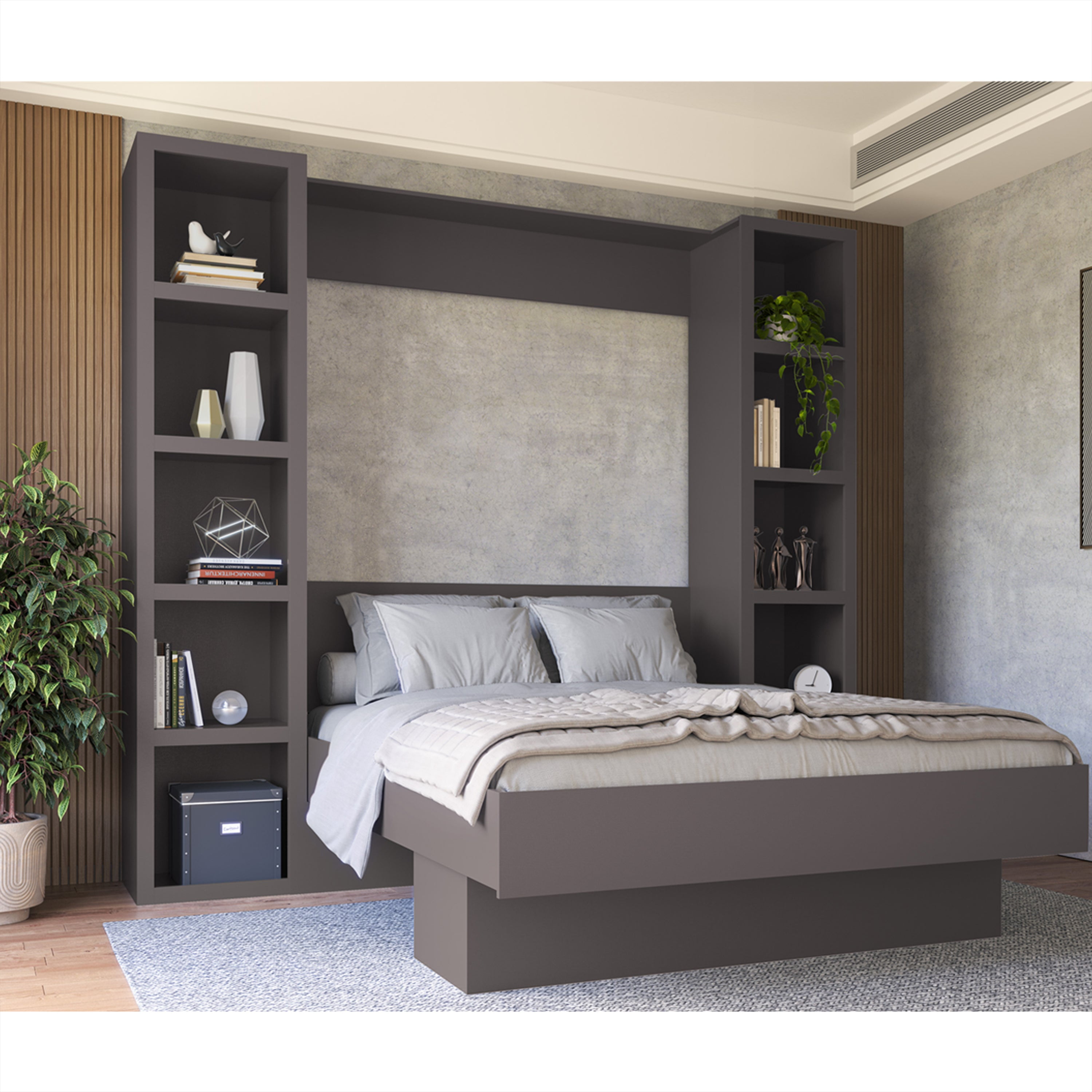 Easy-Lift Queen Murphy Wall Bed in Dark Grey with Two Bookshelves ...