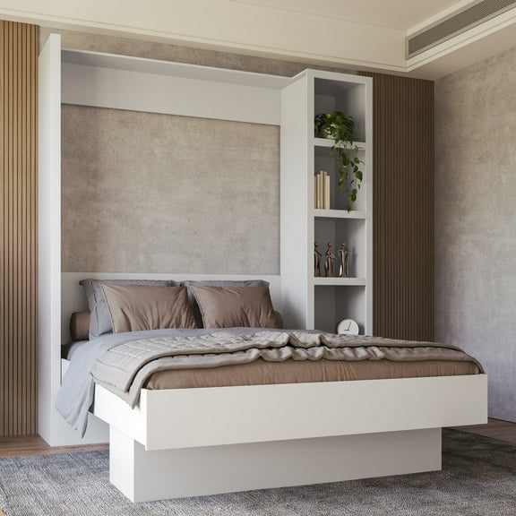 Easy-Lift Queen Murphy Wall Bed in White with Bookshelf