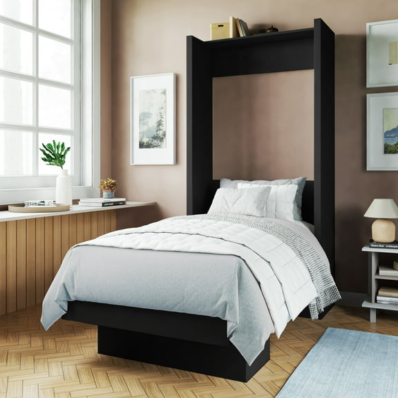 Easy-Lift Twin Murphy Wall Bed in Black with Shelf