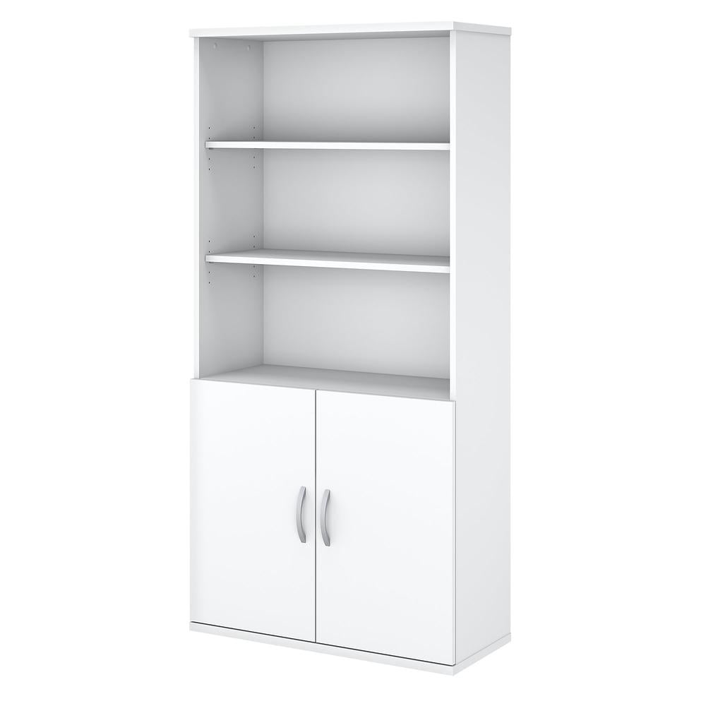 Pure White Contemporary 5-Shelf Bookcase with Adjustable Shelves and Doors