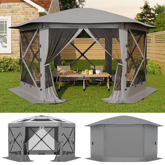 Easy One-Push 6-Sided Portable Canopy with Removable Canopy Top - Mosquito Netting & Wind Cloths - Outdoor Screen Tent for Camping, Patio, Backyard, Events - 13FT, Gray