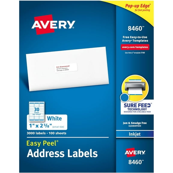 Easy Peel Printable Address Labels with Sure Feed, 1" x 2-5/8" Customizable Stickers, White, 3,000 Blank Mailing Labels, Great for Mailing, Shipping, and More (8460)