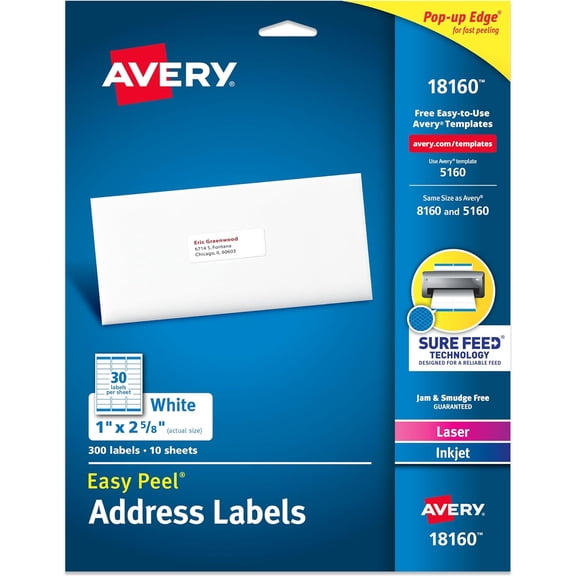 Easy Peel Printable Address Labels with Sure Feed, 1" x 2-5/8" Customizable Stickers, White, 300 Blank Mailing Labels, Great for Mailing, Shipping, and More (18160)