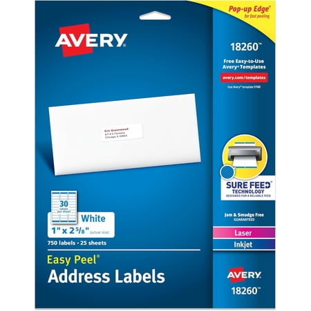 Easy Peel Printable Address with Sure Feed, 1" x 2-5/8" Customizable Stickers, White, 750 Blank Mailing , Great for Mailing, Shipping, and More (18260)