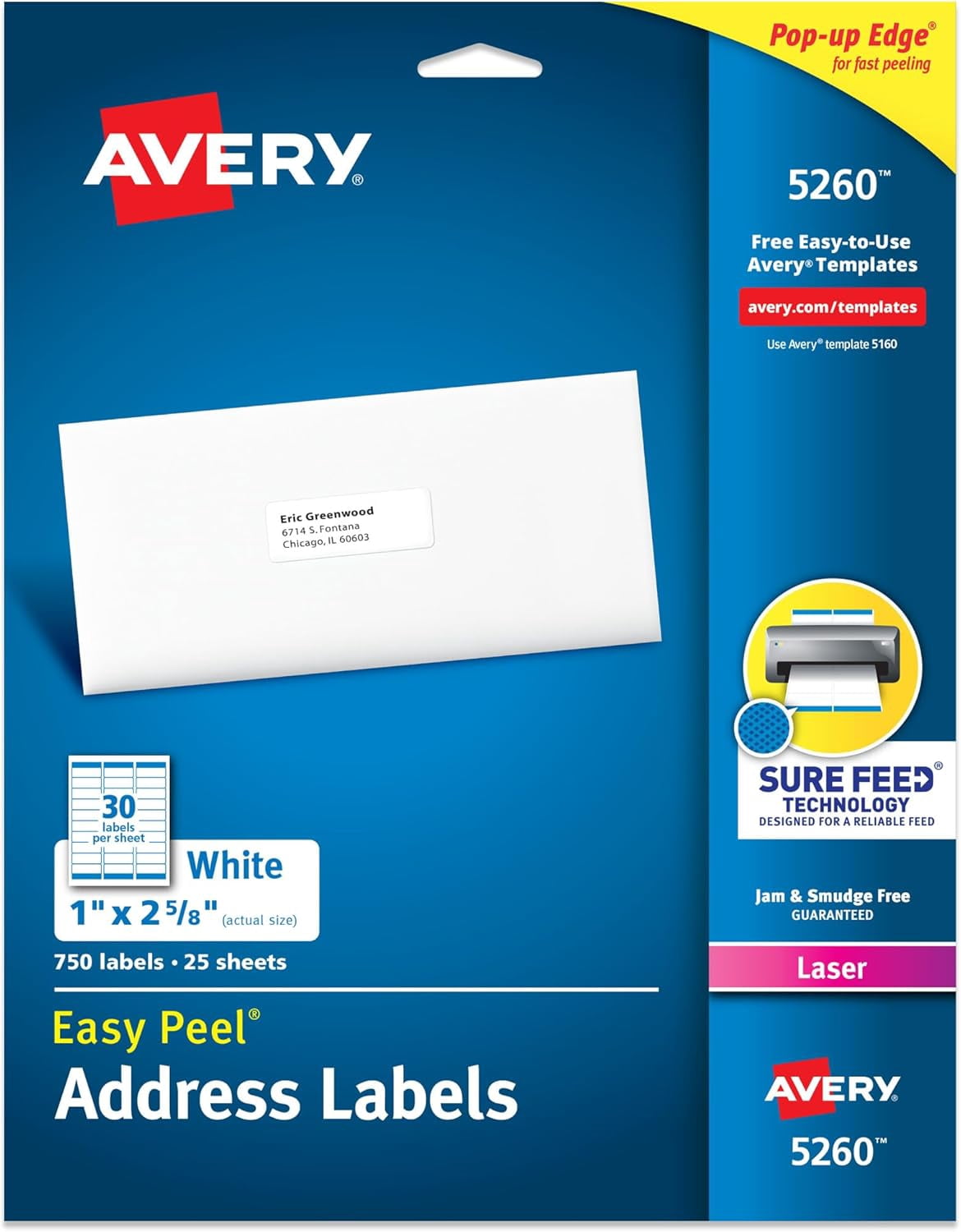 Easy Peel Printable Address with Sure Feed, 1" x 2-5/8" Customizable Stickers, White, 750 Blank Mailing , Great for Mailing, Shipping, and More (5260)
