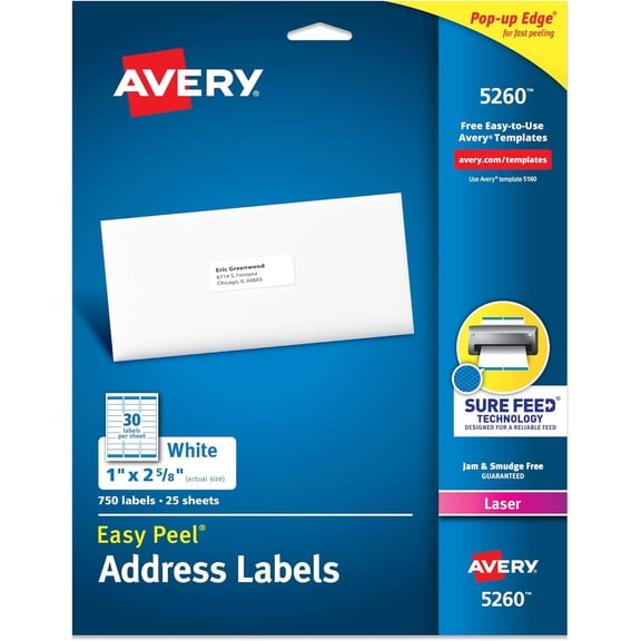 Easy Peel Printable Address with Sure Feed, 1" x 2-5/8" Customizable Stickers, White, 750 Blank Mailing , Great for Mailing, Shipping, and More (5260)