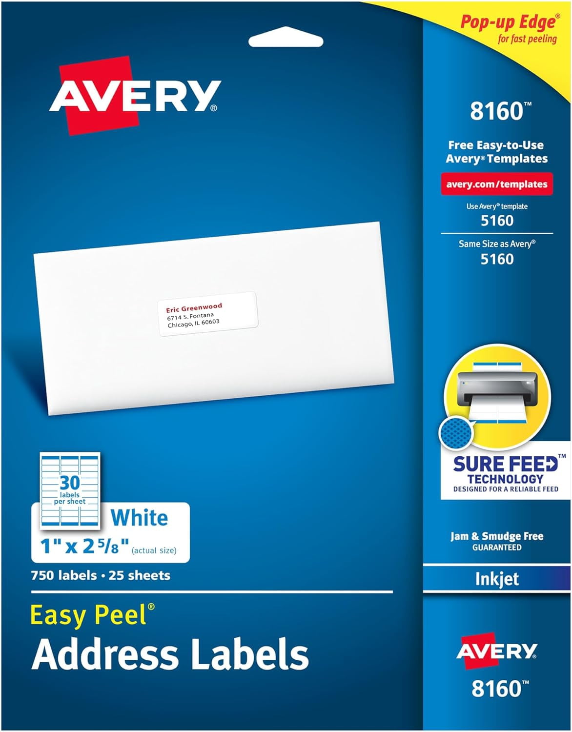Easy Peel Printable Address Labels with Sure Feed, 1" x 2-5/8" Customizable Stickers, White, 750 Blank Mailing Labels, Great for Mailing, Shipping, and More (8160)