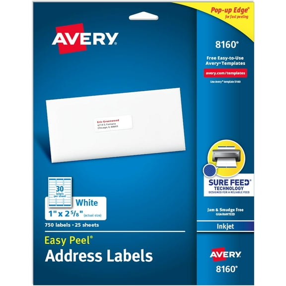 Easy Peel Printable Address Labels with Sure Feed, 1" x 2-5/8" Customizable Stickers, White, 750 Blank Mailing Labels, Great for Mailing, Shipping, and More (8160)