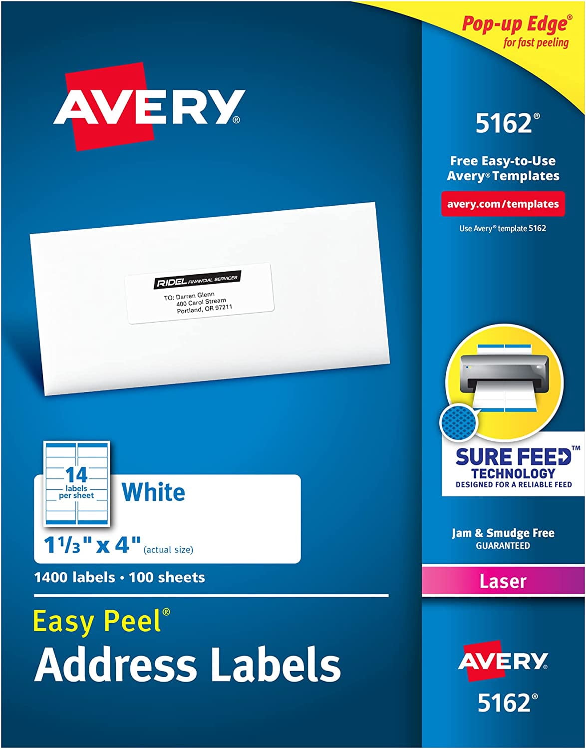 Easy Peel Printable Address Labels with Sure Feed, 1-1/3" x 4", White, 1,400 Blank Mailing Labels for Laser Printers (5162)
