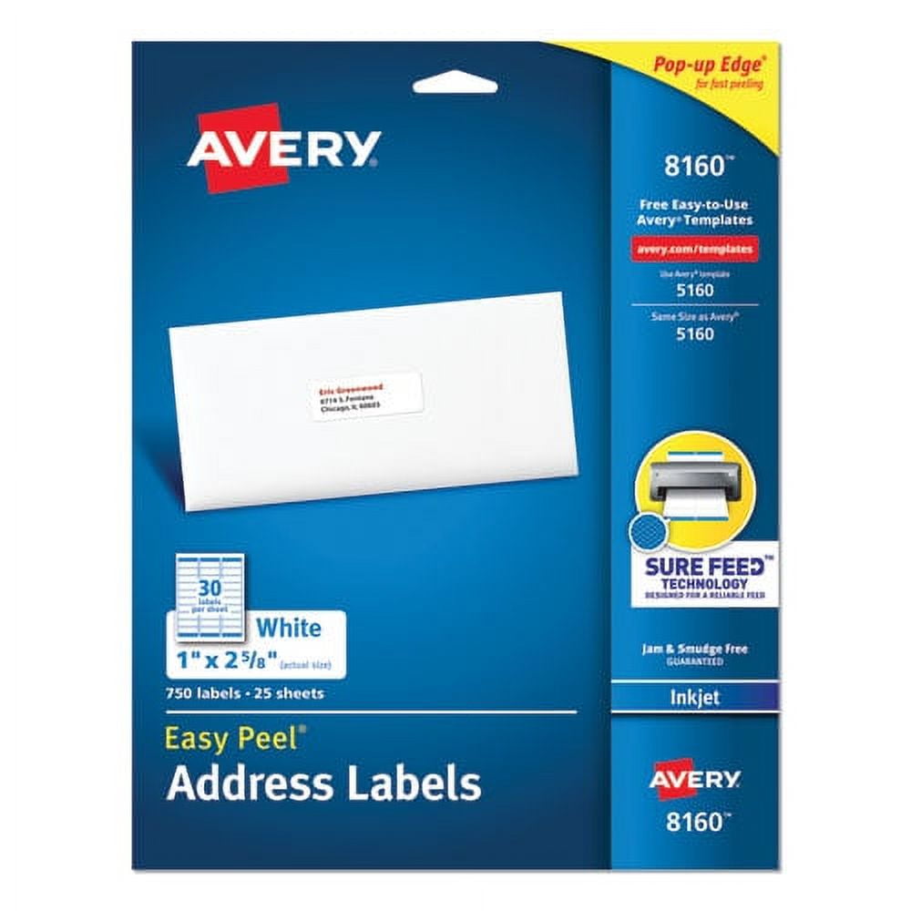 Easy Peel White Address Labels W/ Sure Feed Technology, Inkjet Printers, 1 X 2.63, White, 30/sheet, 25 Sheets/pack | Bundle of 2 Packs