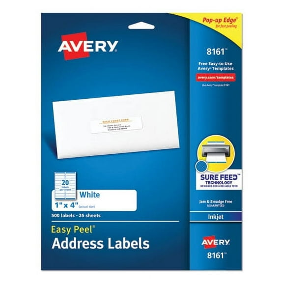 Easy Peel White Address Labels W/ Sure Feed Technology, Inkjet Printers, 1 X 4, White, 20/sheet, 25 Sheets/pack | Bundle of 2 Packs