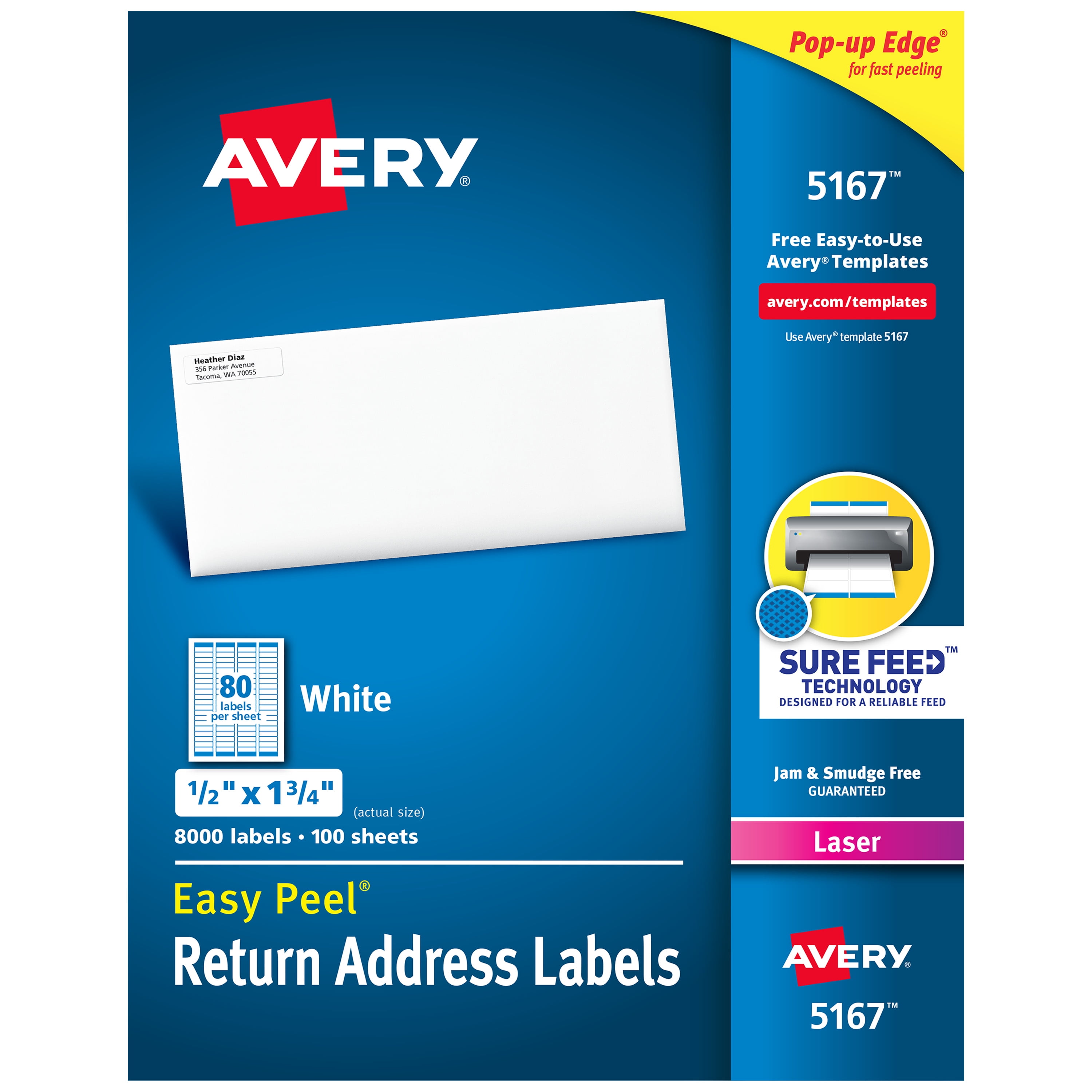 Easy Peel White Address Labels W/ Sure Feed Technology, Laser Printers, 0.5 X 1.75, White, 80/sheet, 100 Sheets/box | Bundle of 5 Boxes