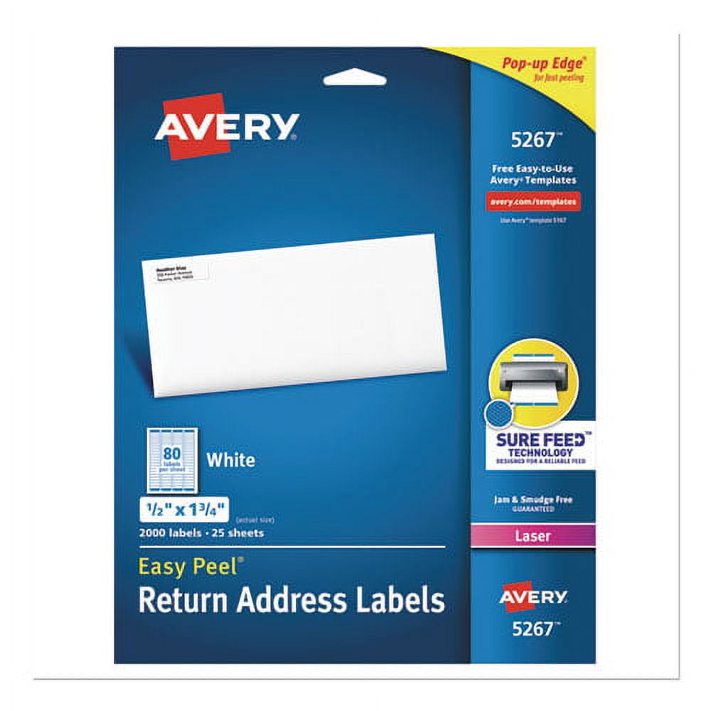 Easy Peel White Address Labels W/ Sure Feed Technology, Laser Printers, 0.5 X 1.75, White, 80/sheet, 25 Sheets/pack | Bundle of 2 Packs