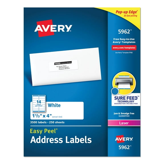 Easy Peel White Address Labels W/ Sure Feed Technology, Laser Printers, 1.33 X 4, White, 14/sheet, 250 Sheets/box | Bundle of 2 Boxes