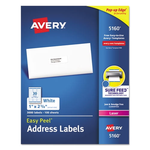 Easy Peel White Address Labels W/ Sure Feed Technology, Laser Printers, 1 X 2.63, White, 30/sheet, 100 Sheets/box | Bundle of 10 Boxes