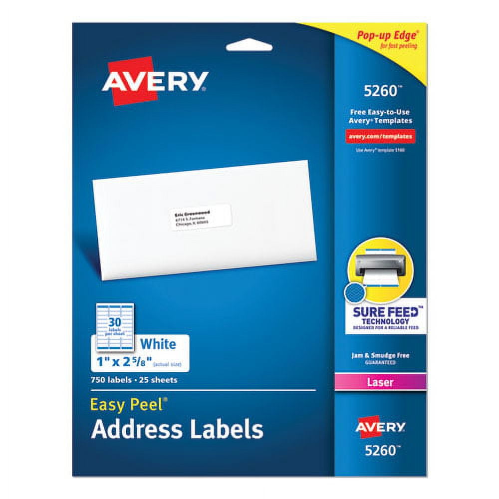 Easy Peel White Address Labels W/ Sure Feed Technology, Laser Printers, 1 X 2.63, White, 30/sheet, 25 Sheets/pack | Bundle of 2 Packs