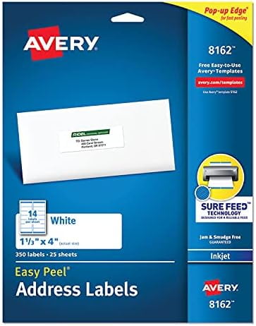 Easy Peel White Address Labels w/Sure Feed Technology, Inkjet Printers, 1.33 x 4, White, 14/Sheet, 25 Sheets/Pack