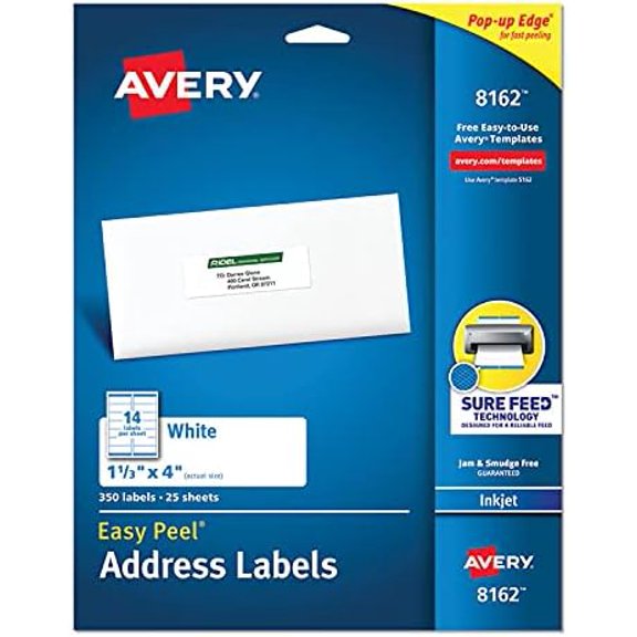 Easy Peel White Address Labels w/Sure Feed Technology, Inkjet Printers, 1.33 x 4, White, 14/Sheet, 25 Sheets/Pack