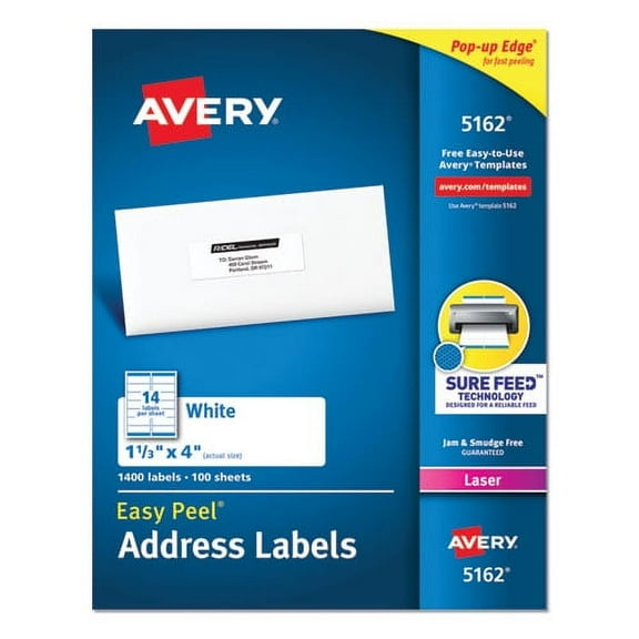 Avery Easy Peel White Address Labels w/ Sure Feed Technology, Laser Printers, 1.33 x 4, White, 14/Sheet, 100 Sheets/Box, Each