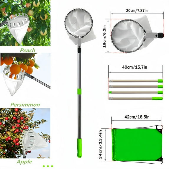 Easy Picking Net 1.6 Meters Cherry Fruit 10.5 Ft Fruit Pole with Basket Telescoping Stainless Steel Adjustable Fruit Pole with Metal Teeth Basket Suit for Lemon Pear Fruit