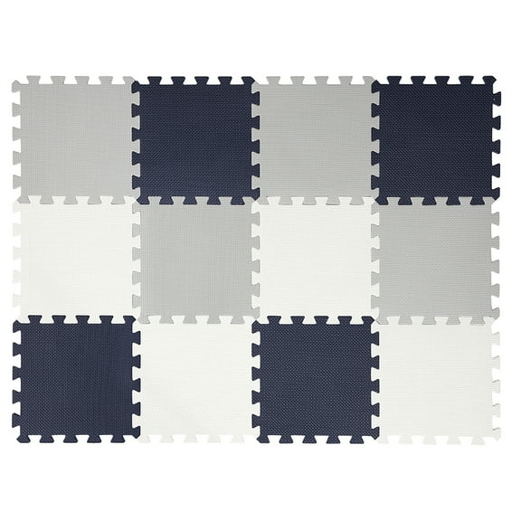 Easy Playhouse: 12 Soft Foam Floor Puzzle Tiles - Blue-Grey-White - 12" Interlocking Mat Pieces (4'x3'), Nursery, Playroom, Gym, Children & Adults