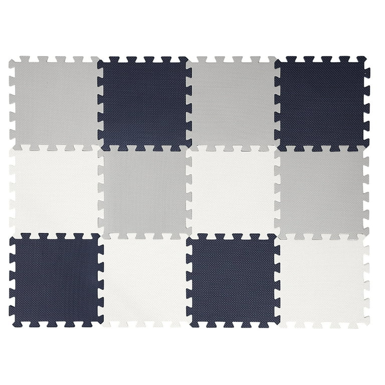 Easy Playhouse: 12 Soft Foam Floor Puzzle Tiles - Blue-Grey-White