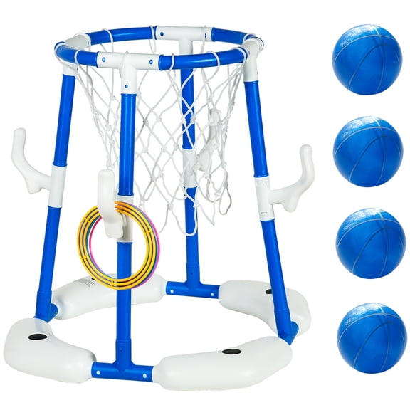 Easy Playhouse: 2-In-1: Pool Basketball Hoop & Ring Toss Game - Blue Floating Water Toy Set, Shoot-Toss-Play, 4 Balls, 4 Dive Rings, Pump, Family Kids