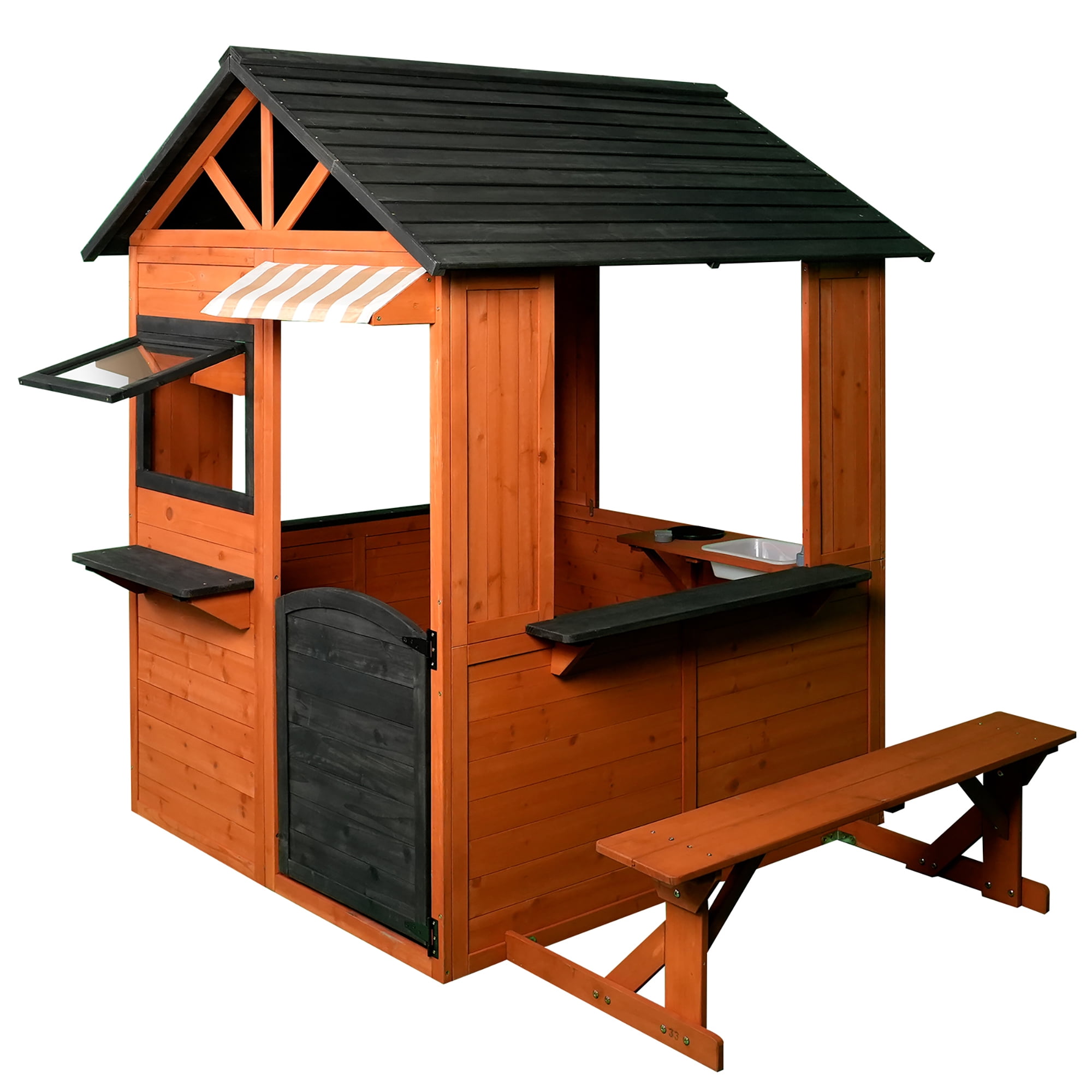 Easy Playhouse: Big Outdoor Wooden Playhouse - Working Door & Windows, Side Serving Station & Bench, Sink & Stove, Backyard Creative Toy Home, Kids 3+