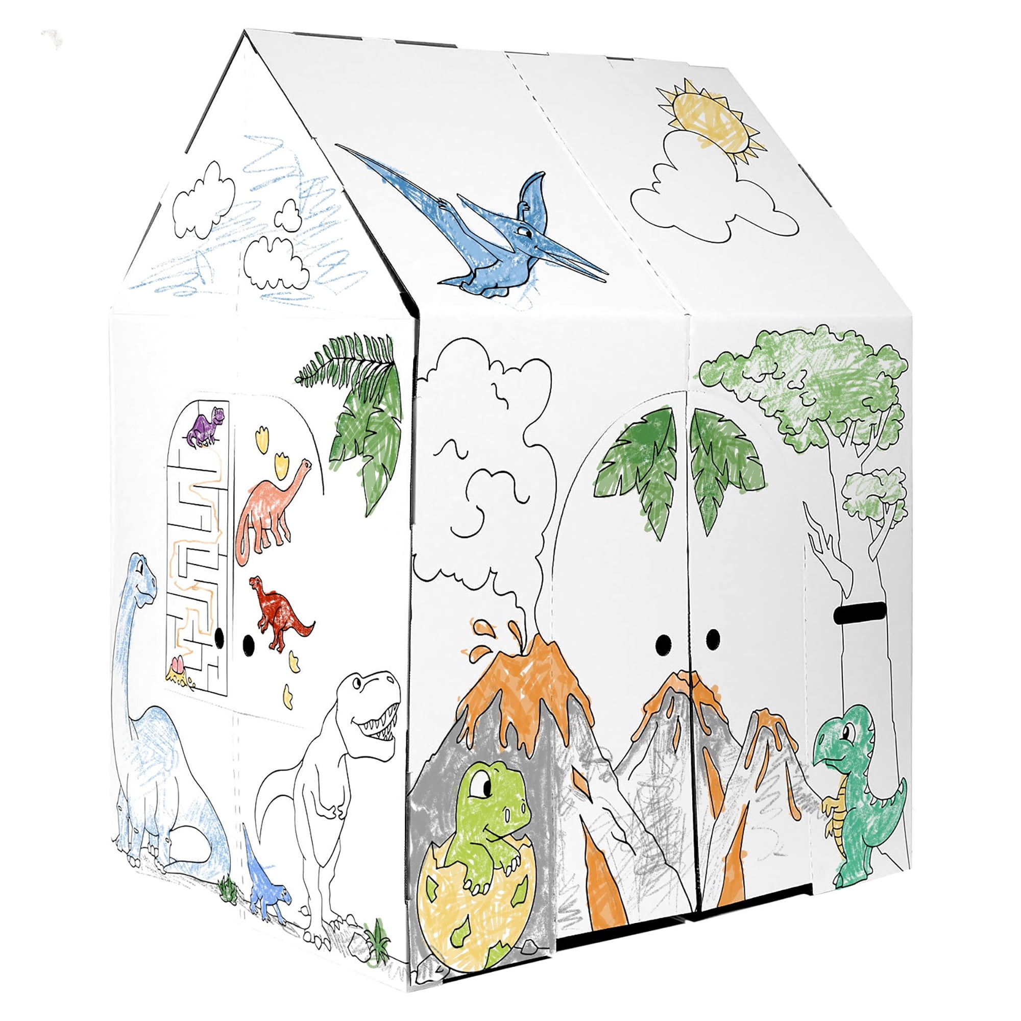 Easy Playhouse Dinosaur Create Your Own Play House - Kids Art & Craft for Indoor & Outdoor Fun, Color Dino Species Decorate & Personalize The Cardboard Fort