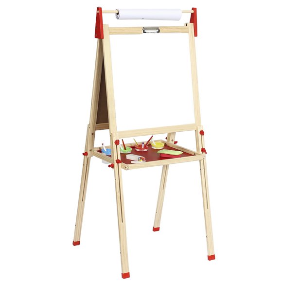 Easy Playhouse Easel for Kids, Wooden Whiteboard & Chalkboard Easel, Height Adjustable Double Sided Art Easel for Children with Paper Roll