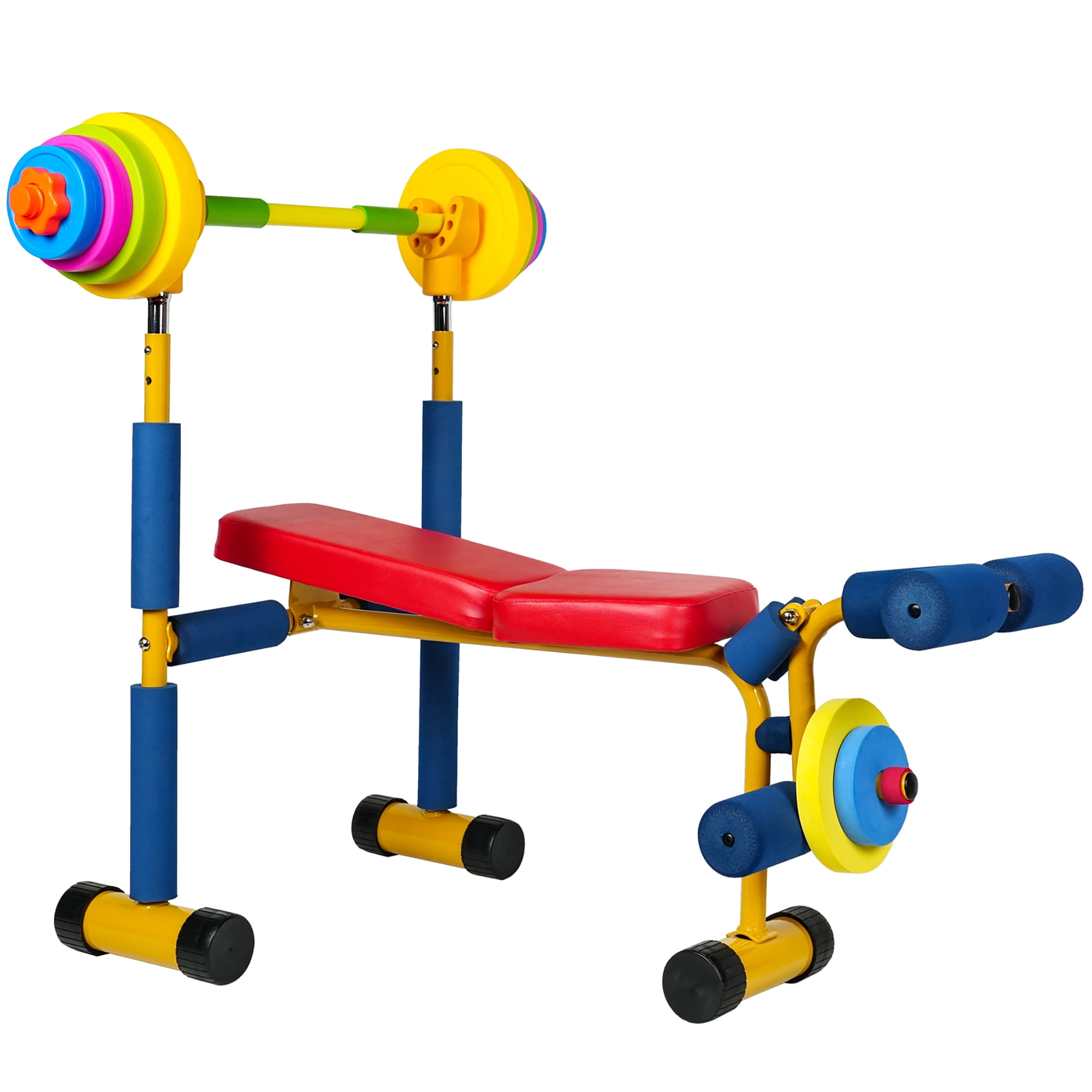 Easy Playhouse: Kids Weight Bench Press - Colorful Adjustable Barbell Rack, Toy Exercise Equipment, Water-Sand Fillable Plates, Foam Wrapped Frame