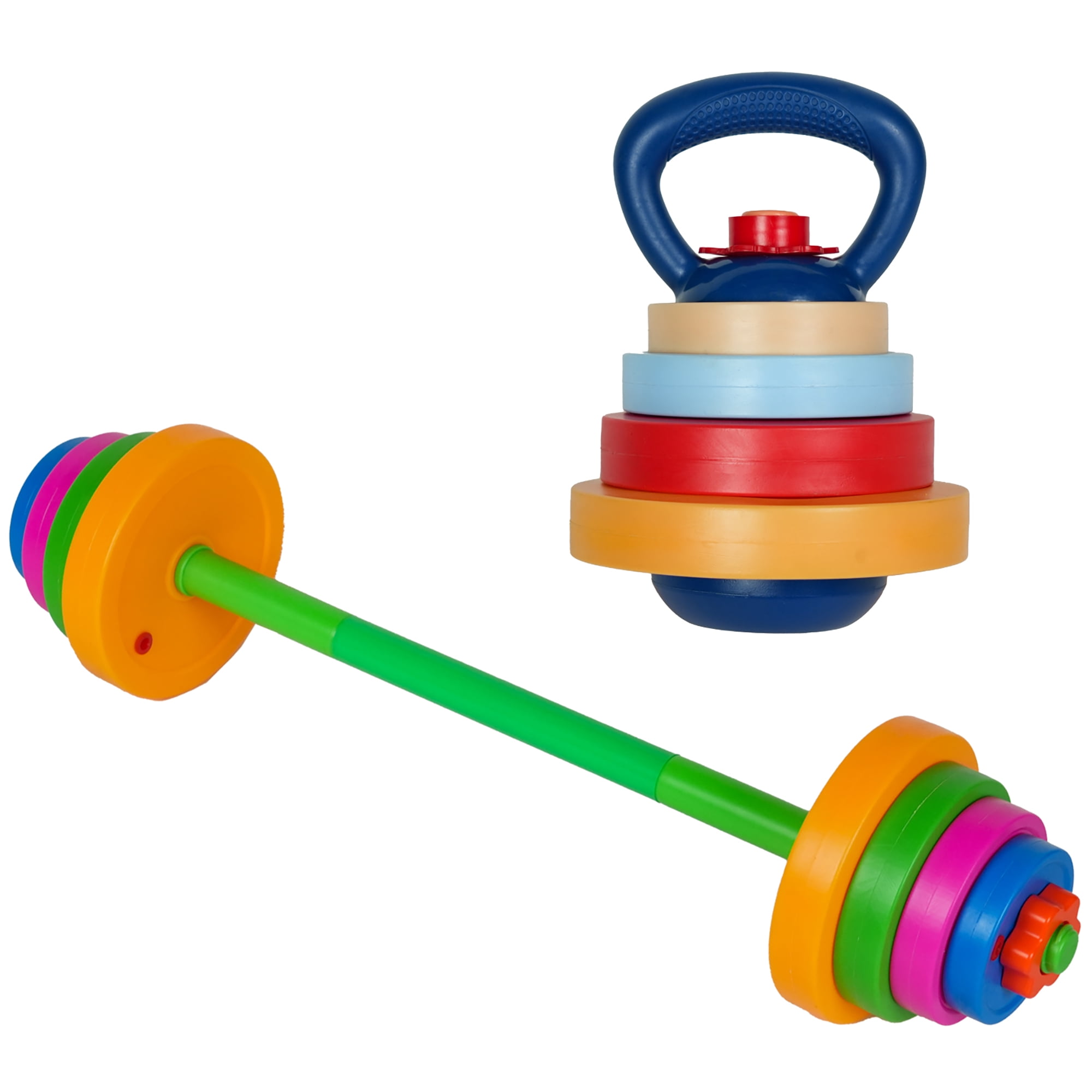 Easy Playhouse: Kids Weight Set - Barbell & Kettlebell - Colorful Toy Workout Fitness Equipment, Water-Sand Fillable Plates, Safe Plastic Gym Playset