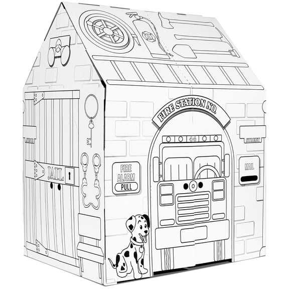 Easy Playhouse Police and Fire Station - Kids Art & Craft for Indoor & Outdoor Fun  Decorate & Personalize The Cardboard Fort, 32" X 26. 5" X 40. 5" Age 3+