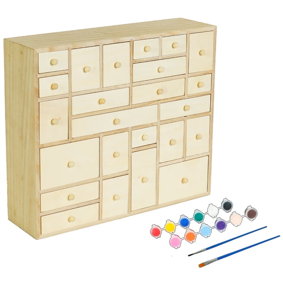 Easy Playhouse: Wooden 24 Drawer Storage Cabinet - DIY Advent Calendar & Desktop Supplies Organizer, 12 Paints & 2 Brushes, Arts-Craft, Adults-Kids 8+