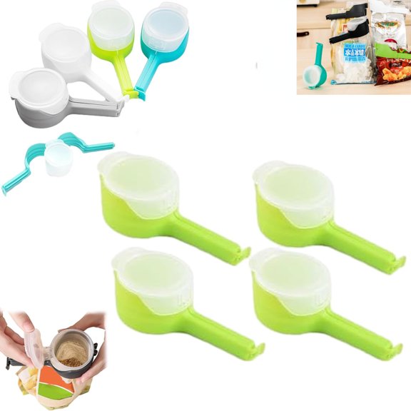 Easy Pour Bag Clip, Bag Clips with Pour Spout, Multifunctional Food Storage Bag Sealing Clip, for Kitchen, Food Preservation and Moisture Prevention (4pcs Green)