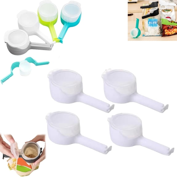 Easy Pour Bag Clip, Bag Clips with Pour Spout, Multifunctional Food Storage Bag Sealing Clip, for Kitchen, Food Preservation and Moisture Prevention (4pcs White)