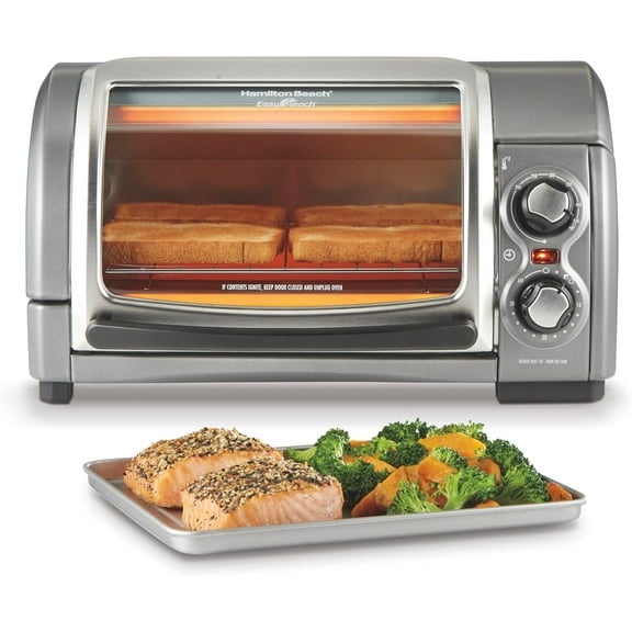 Easy Reach 4-Slice Countertop Toaster Oven With Roll-Top Door 1200 Watts Fits 9 Pizza 3 Cooking Functions for Bake Broil and Toast Silver