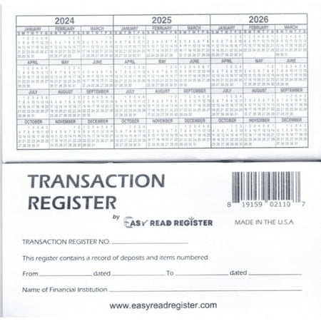 Easy Read Register 12 Check Registers Checkbook Ledger 6"x3", Black/White