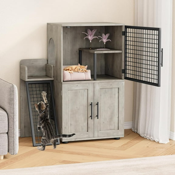 Easy Shopping Modern Cat Litter Box Enclosure – Dual Layer Hidden Cat Washroom with Sturdy Ladder, Ideal Cat Cabinet for Indoor Cats in Gray