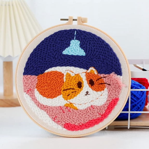 Easy Sleeping Cat Punch Needle Embroidery Starter Kits for Kids and Adults Beginners with Punch Needle Tool,Threader, Stamped Fabric Embroidery,Hoop, Yarn Rug Punch Needle